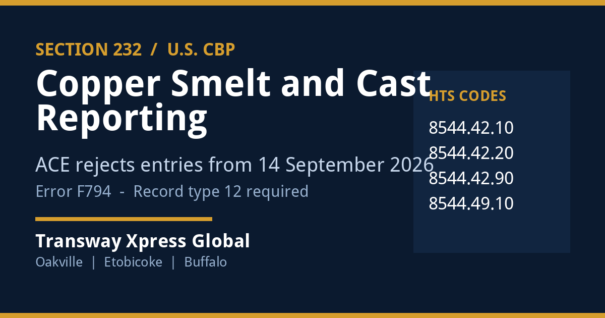 Copper smelt and cast reporting deadline for US importers, effective 14 September 2026