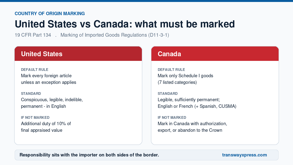 Country of origin marking requirements compared: United States 19 CFR Part 134 and Canada Marking of Imported Goods Regulations